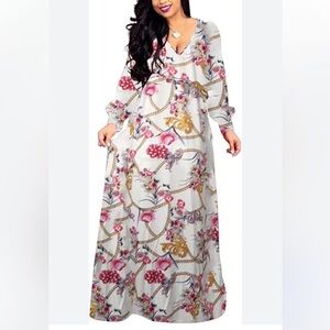 BOGURST BOHO Maxi Dress Chiffon Deep V-Neck Printed Loose Dress Sz L Women